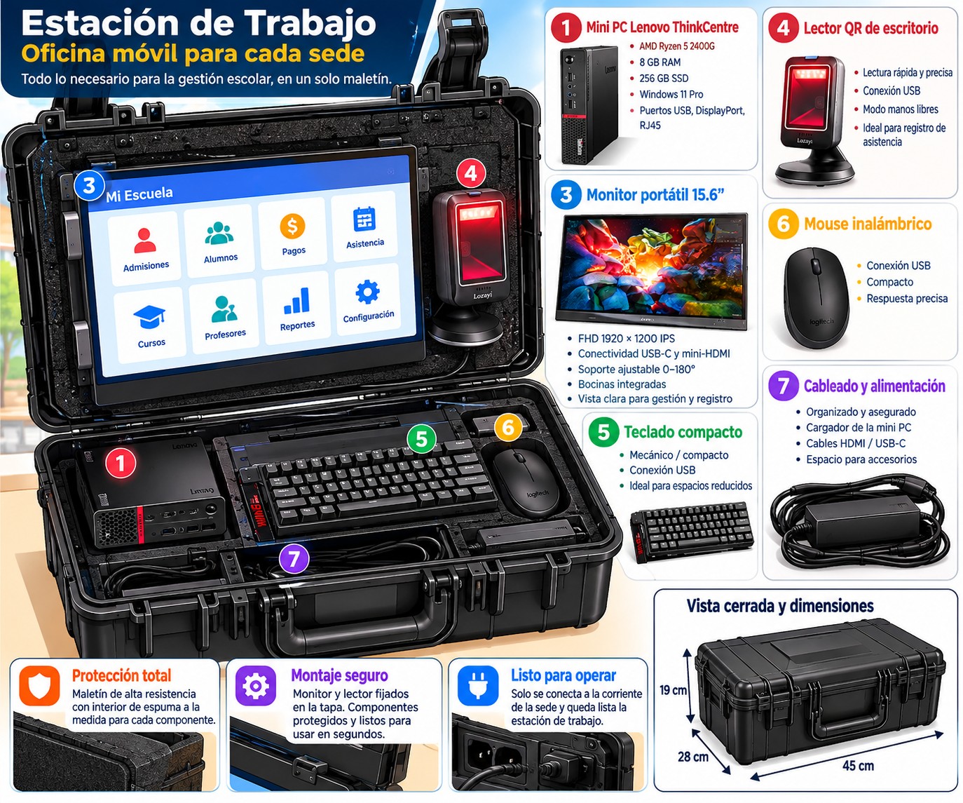 Estación de trabajo en maletín con mini PC, monitor portátil, lector QR, teclado y mouse